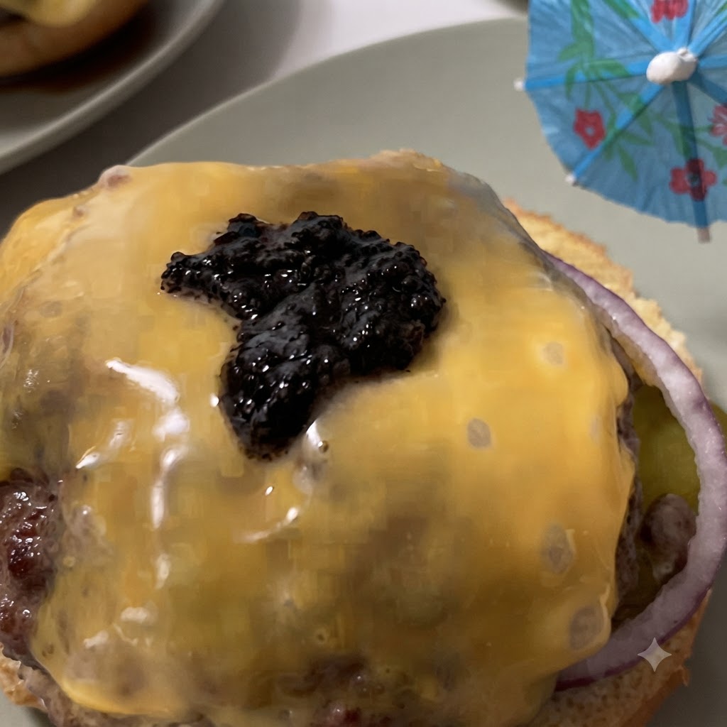 A dark dollop of black truffle pâté spooned onto the melted yellow cheese of a burger.