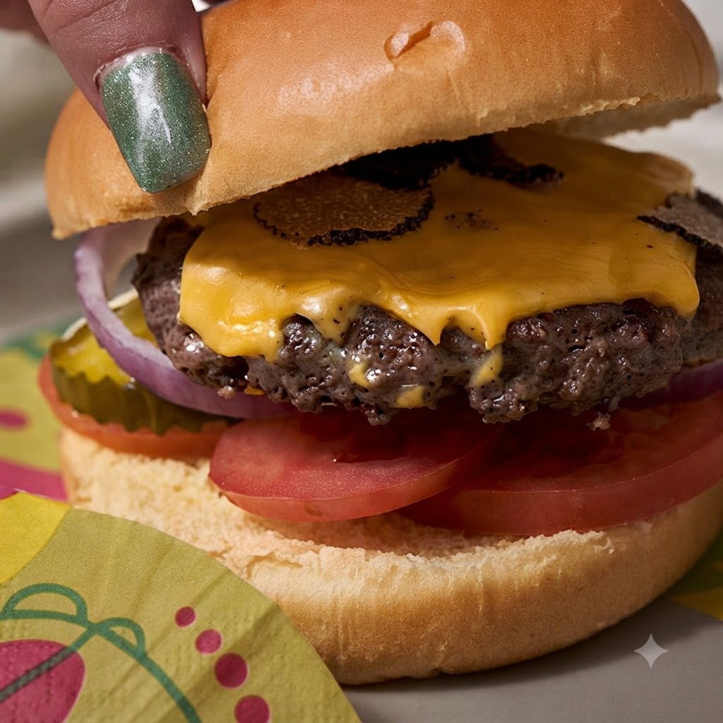 The top bun being placed over the melted cheese and beef patty to assemble the burger.