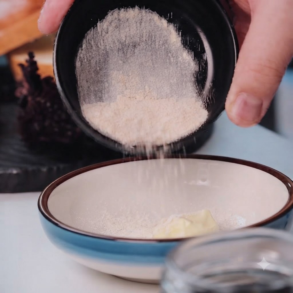 Garlic powder pouring from a small black bowl into a ceramic bowl with mayonnaise.