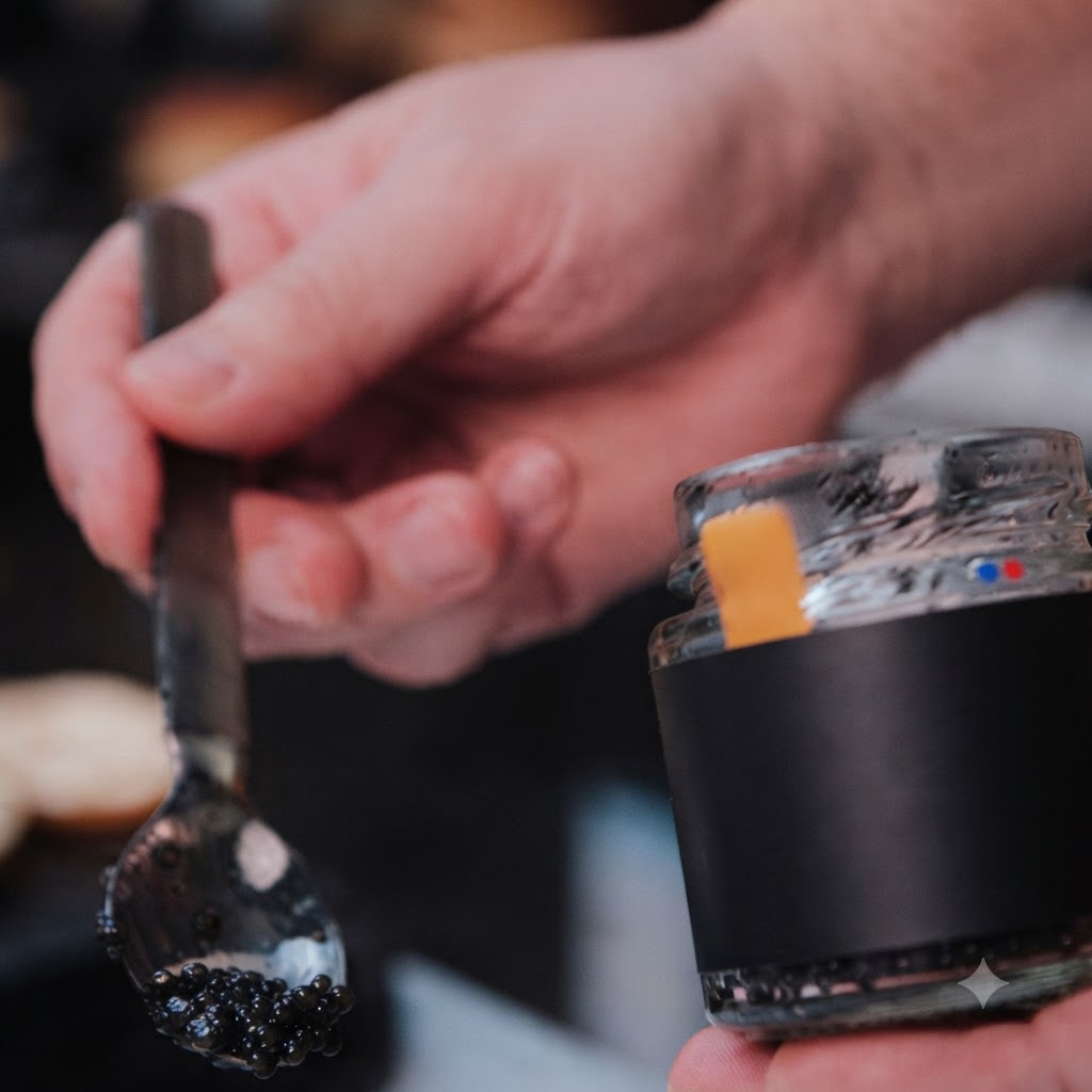 A spoonful of black truffle sauce being held above a jar and bowl.
