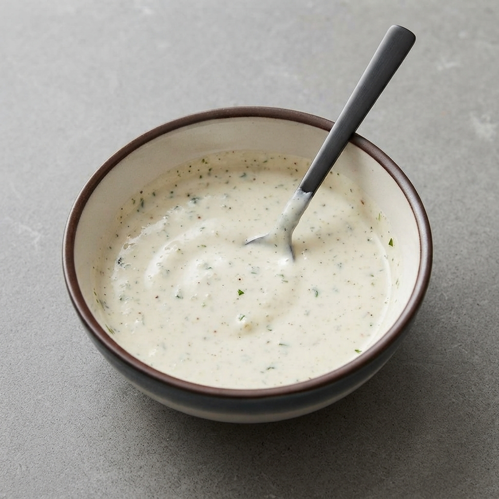 A ceramic bowl containing a creamy white sauce speckled with herbs and spices, being mixed with a spoon.