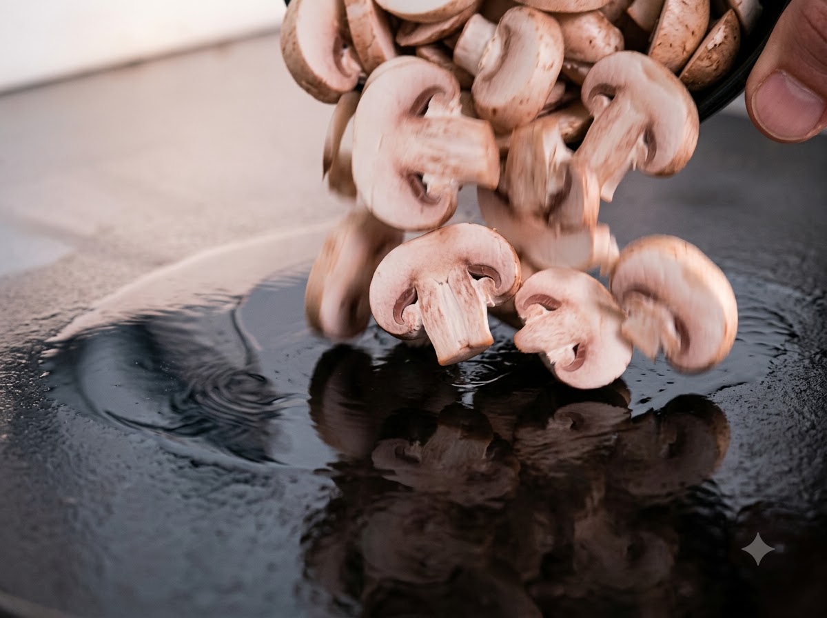 Sliced mushrooms falling from a bowl onto a hot, oiled flat top griddle.