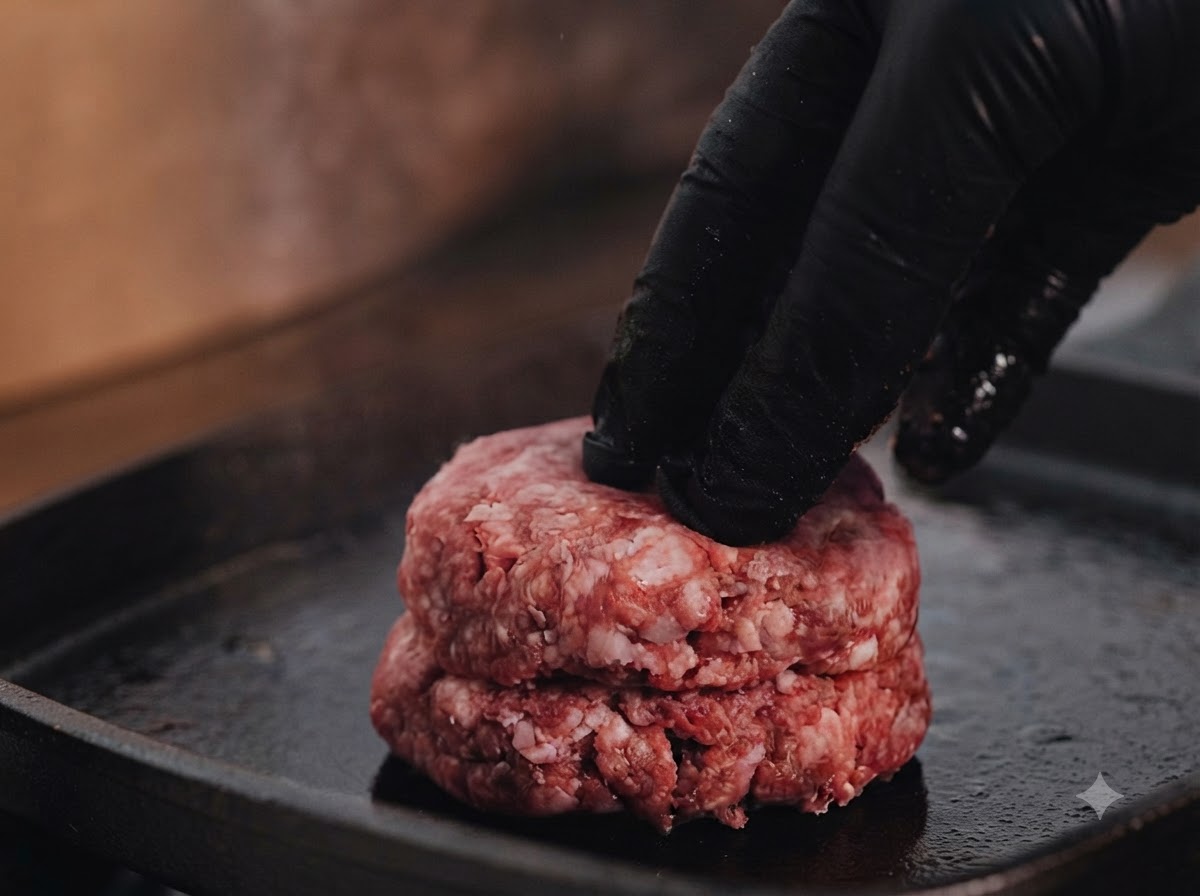 A gloved hand adjusting raw beef patties on a hot flat top grill surface.