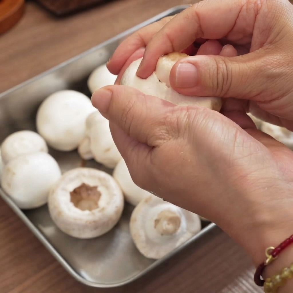 A close-up of hands pulling out the stem of a fresh white button mushroom in a metal tray.