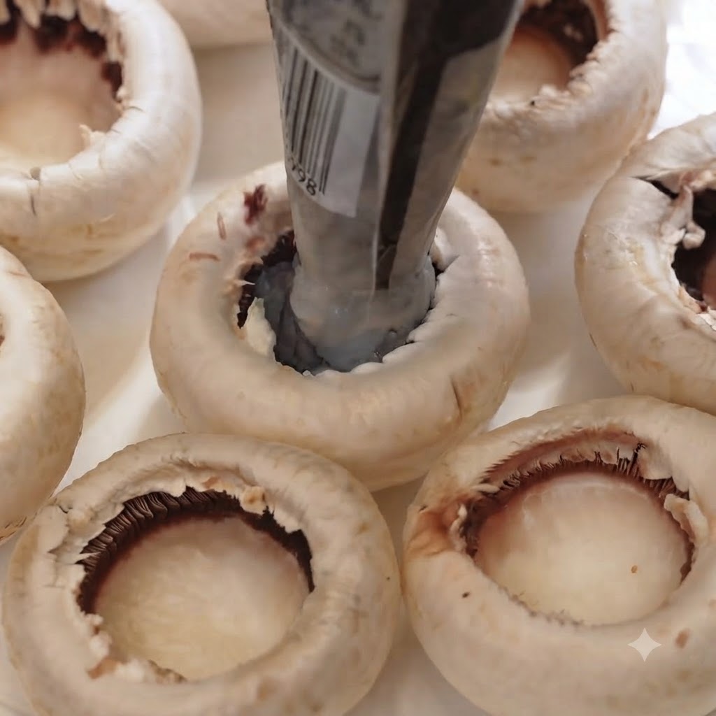 Grey shrimp paste being piped from a bag into the center of a white mushroom cap.