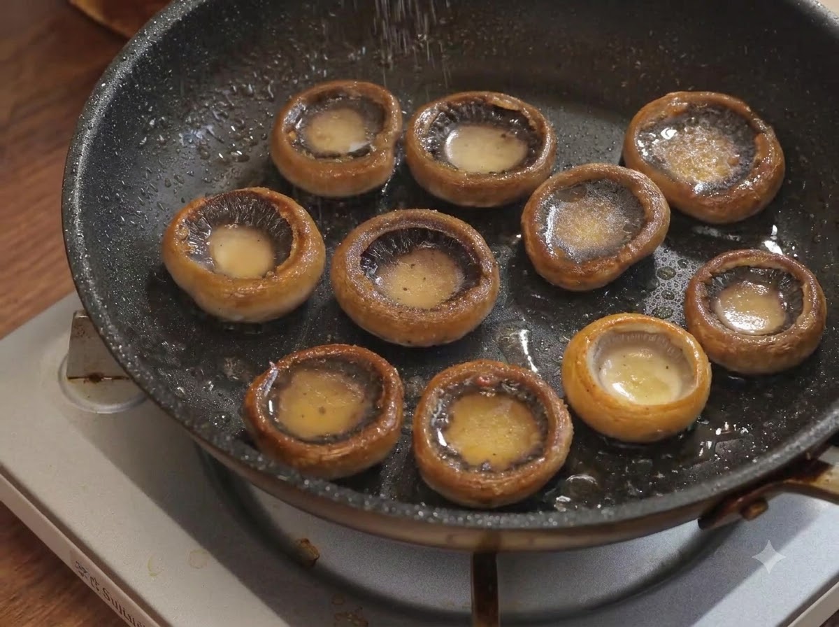 A top-down view of multiple mushrooms cooking in a pan while seasoning is sprinkled over them.