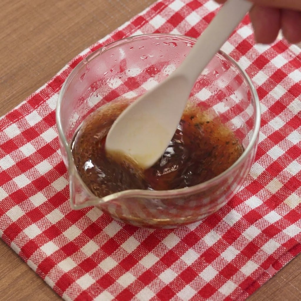 A spoon stirring light soy sauce and black truffle sauce into a bowl of mushroom juice resting on a red checkered cloth.