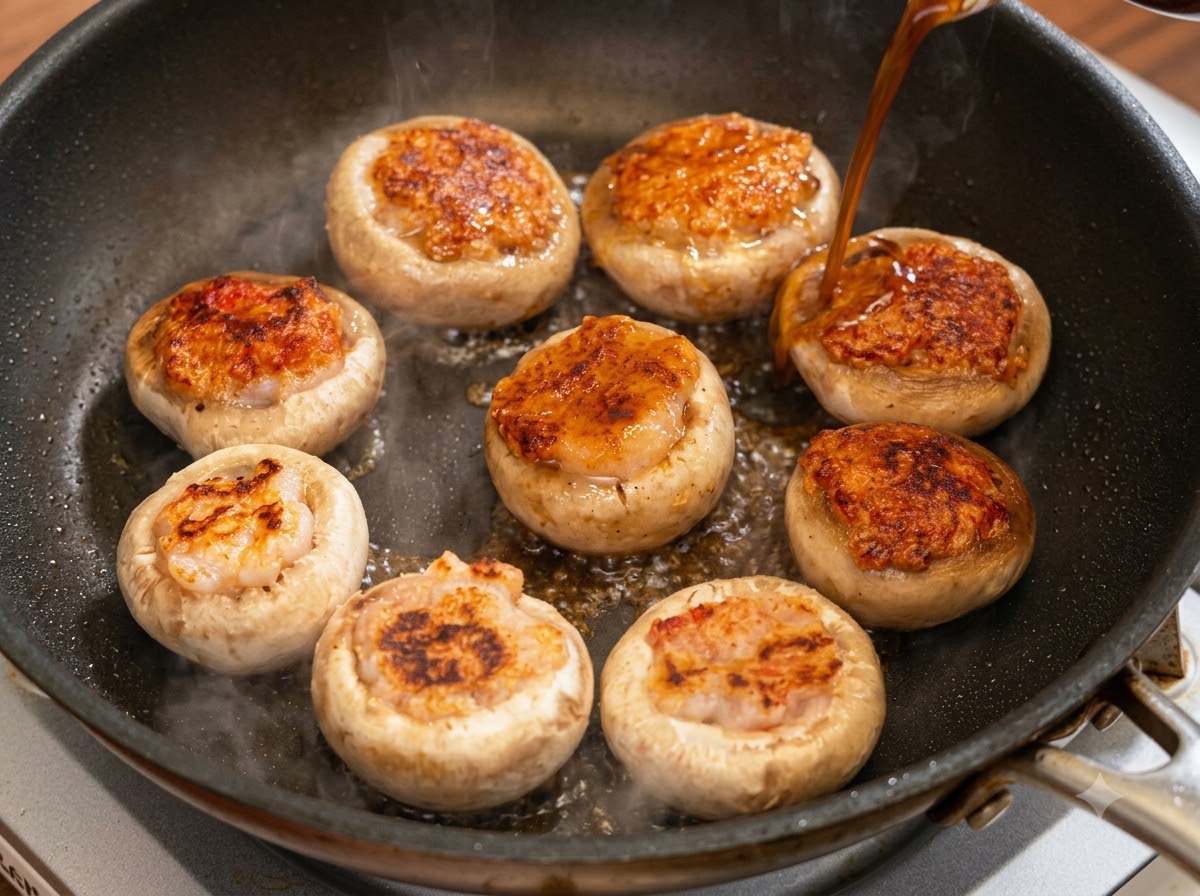 A stream of dark seasoned juice being poured from a bowl into a frying pan containing golden-brown stuffed mushrooms.