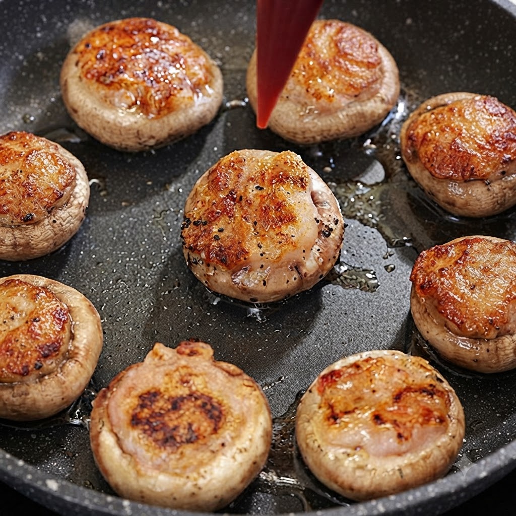 A squeeze bottle dispensing red ketchup onto golden pan-fried mushroom caps in a dark skillet.