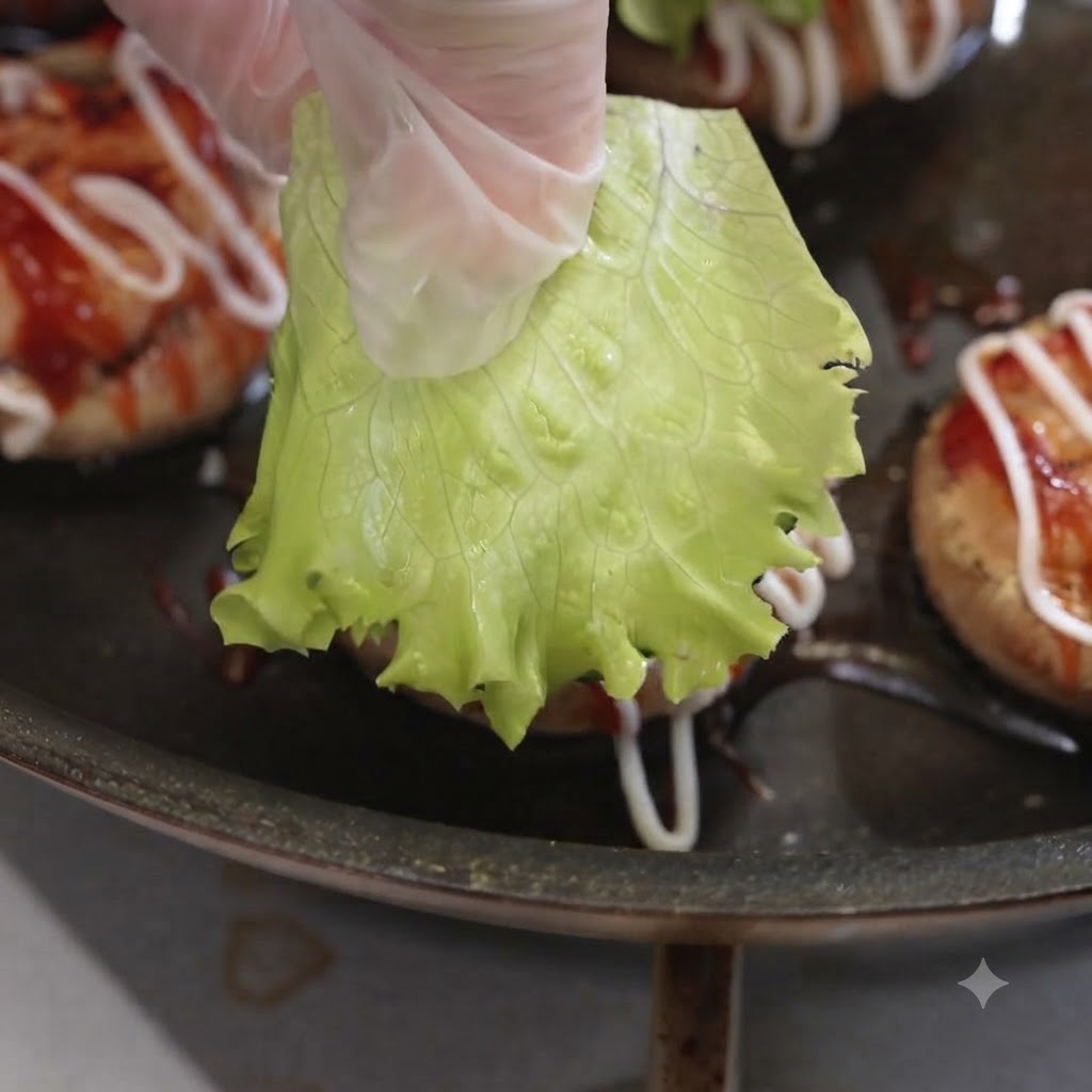 A gloved hand holding a fresh green lettuce leaf above a mushroom cap layered with sauces.