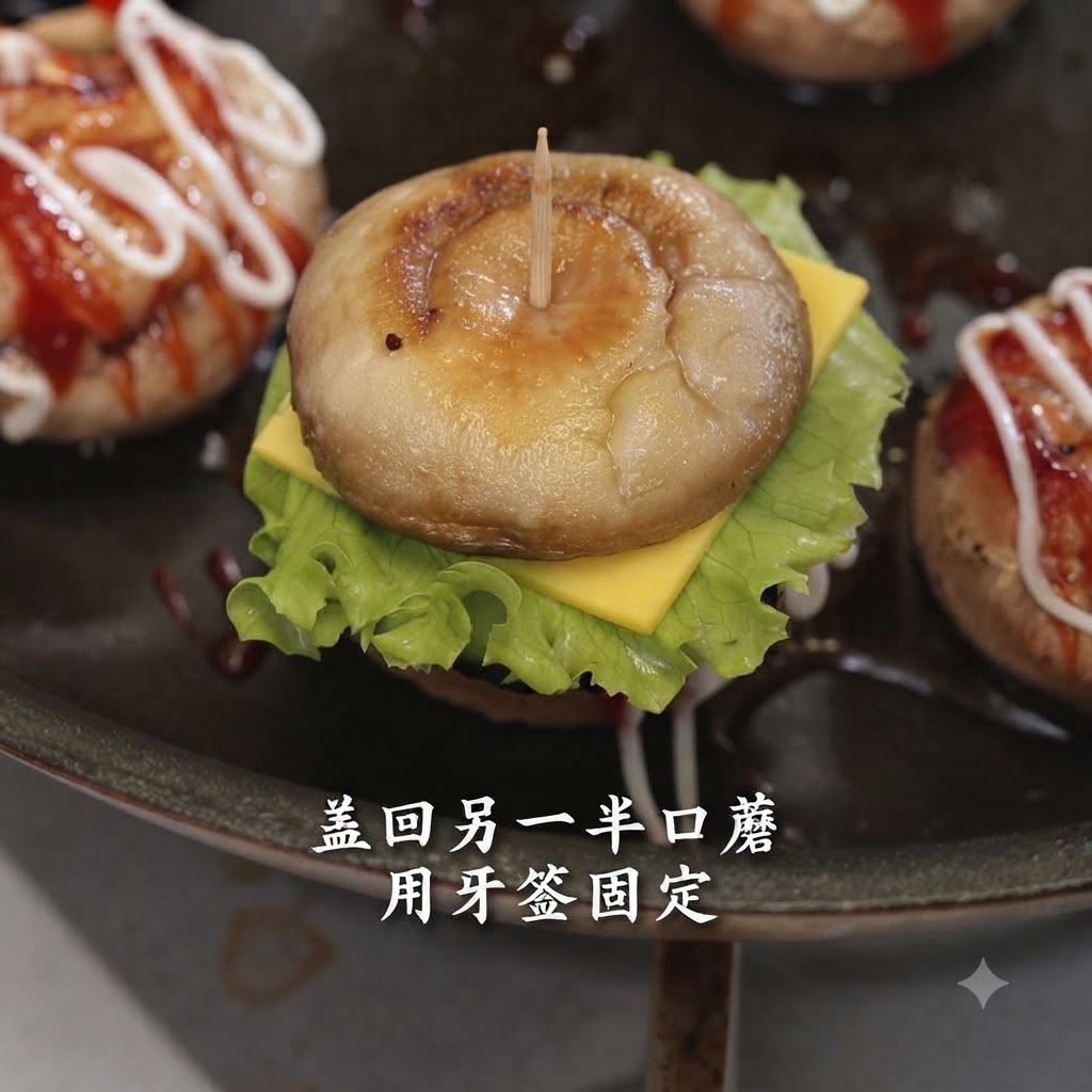 An assembled stuffed mushroom mini burger pierced vertically with a toothpick in the center.