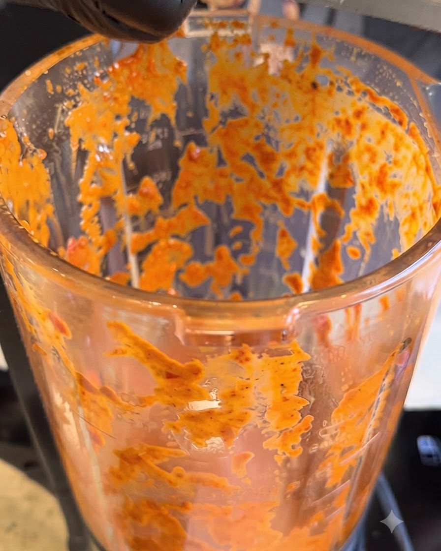 Slices of butter being added into the blender container with the blended red sauce.