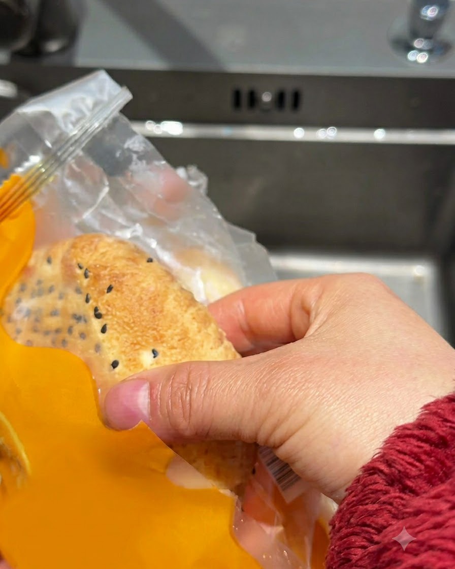 Frozen burger buns being rinsed under running tap water in a kitchen sink.