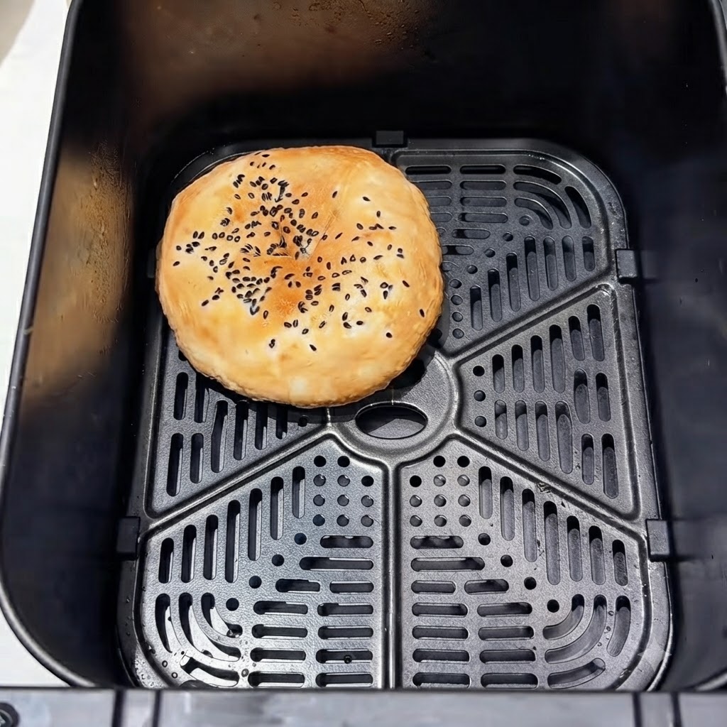 A single burger bun resting inside the dark basket of an air fryer.
