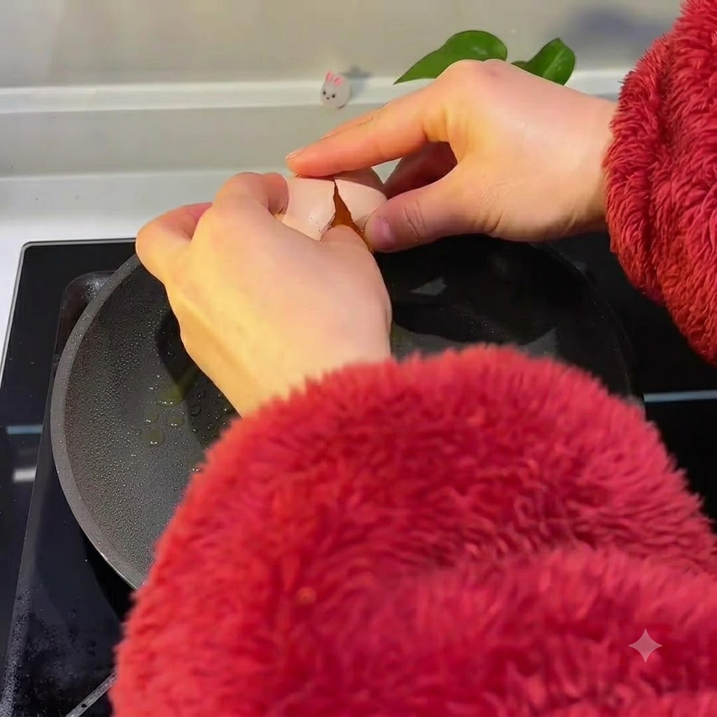 Two eggs being cracked into a greased frying pan on a stove.