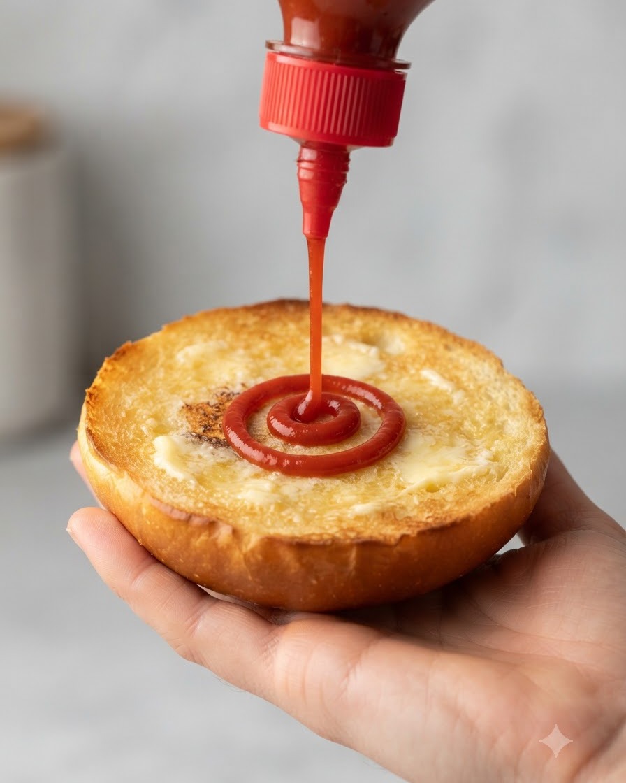 A red plastic squeeze bottle dispensing a spiral of bright red ketchup onto the toasted, buttered surface of a burger bun held in a hand.