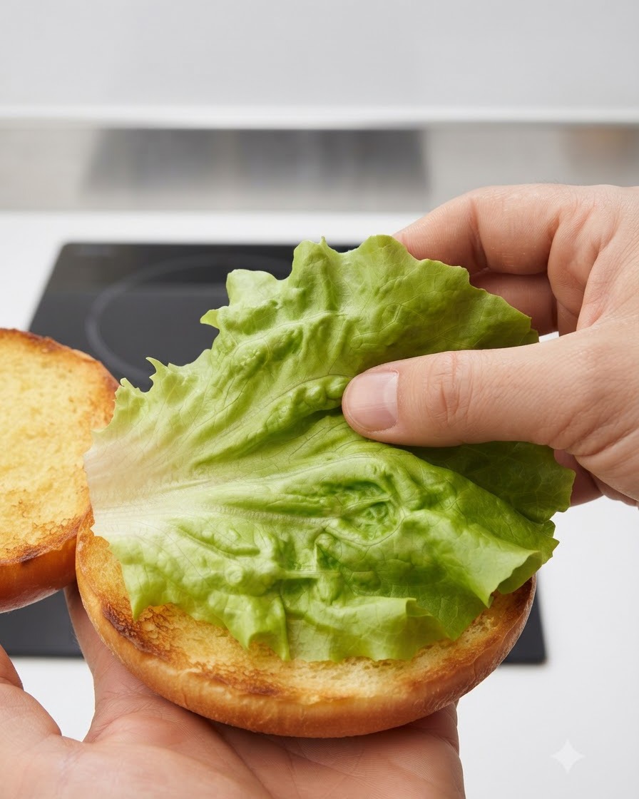 A hand placing a vibrant green, ruffled leaf of lettuce onto the prepared bottom half of a toasted burger bun.