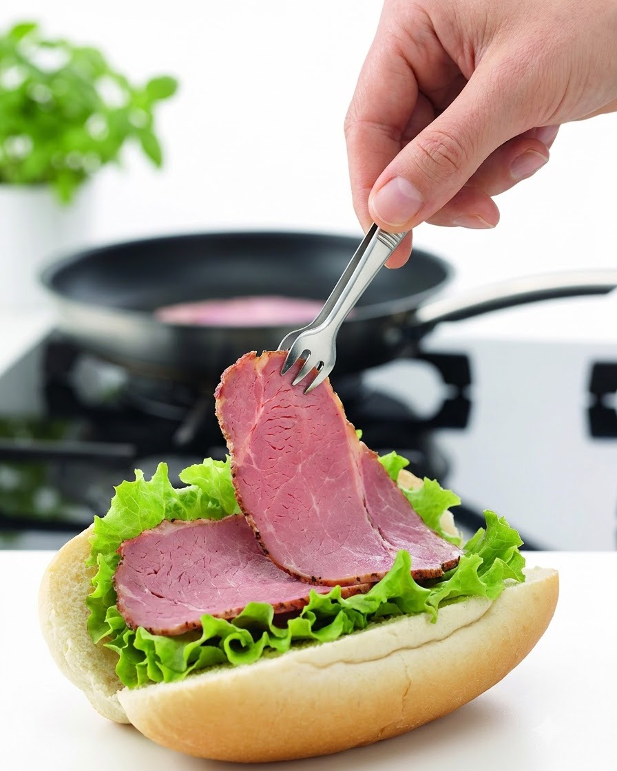 A hand using tongs to place seared beef slices onto a lettuce-topped burger bun.