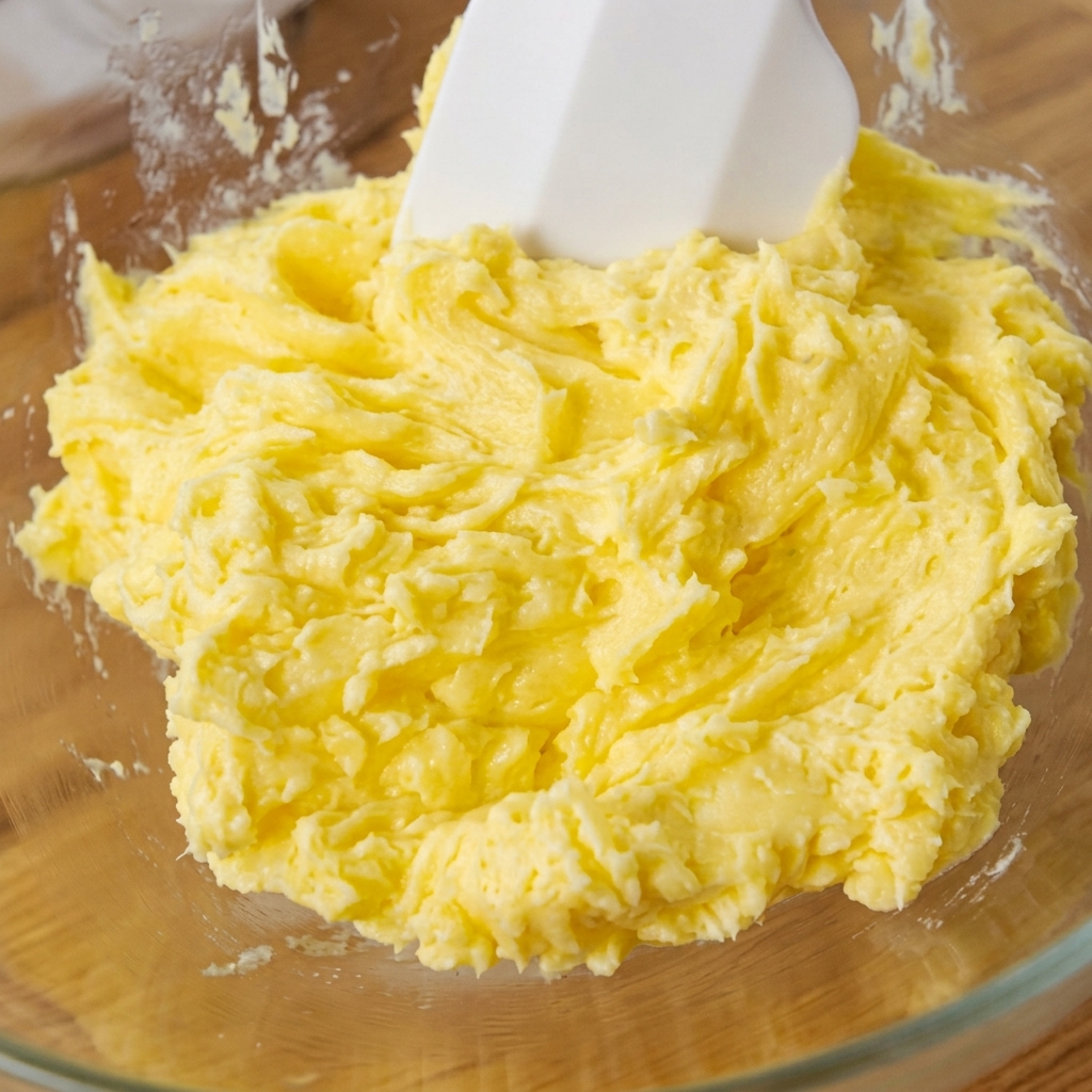 A glass bowl filled with softened yellow butter being mashed and stirred.