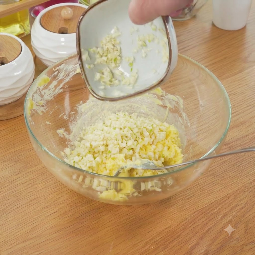 A small bowl pouring minced garlic and chopped parsley into the butter mixture.
