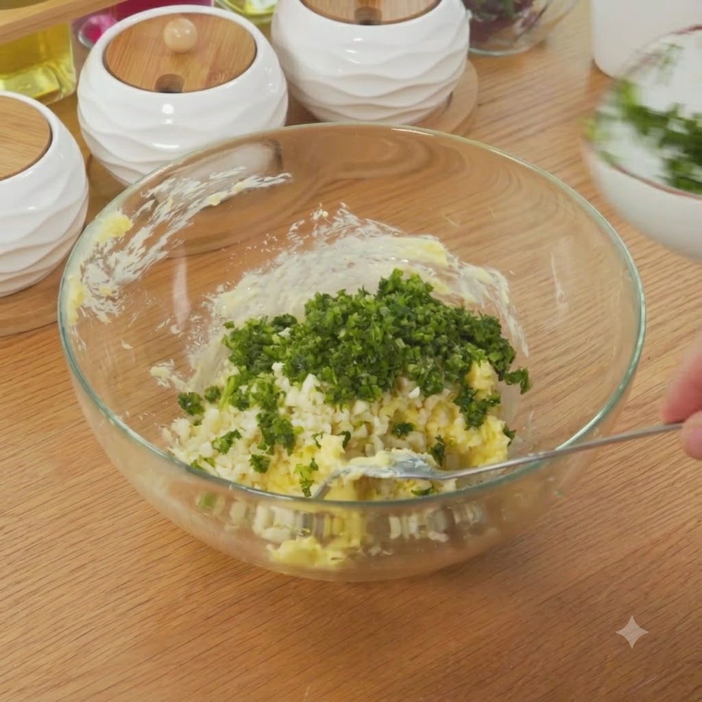 Salt being added to the bowl with butter, garlic, and parsley.