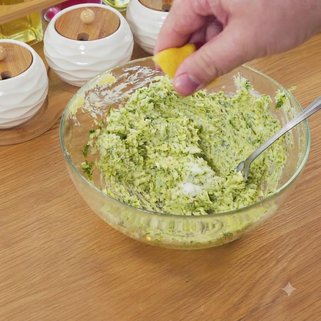 Lemon juice being poured from a spoon into the mixing bowl.