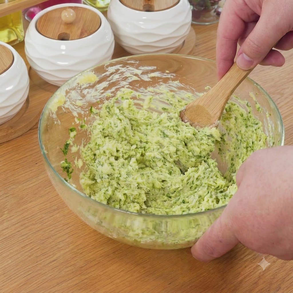 A wooden utensil mixing the green garlic butter sauce inside the glass bowl.