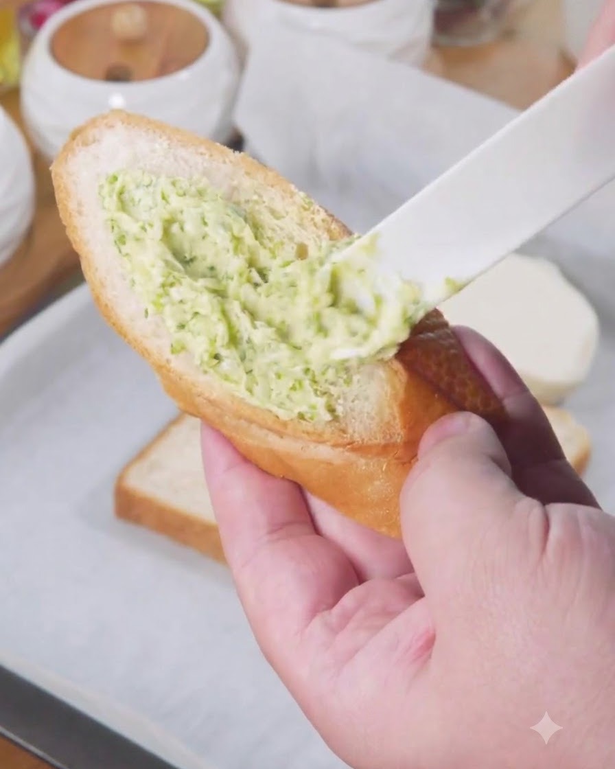 A plastic spreader applying green garlic butter sauce to a slice of bread.