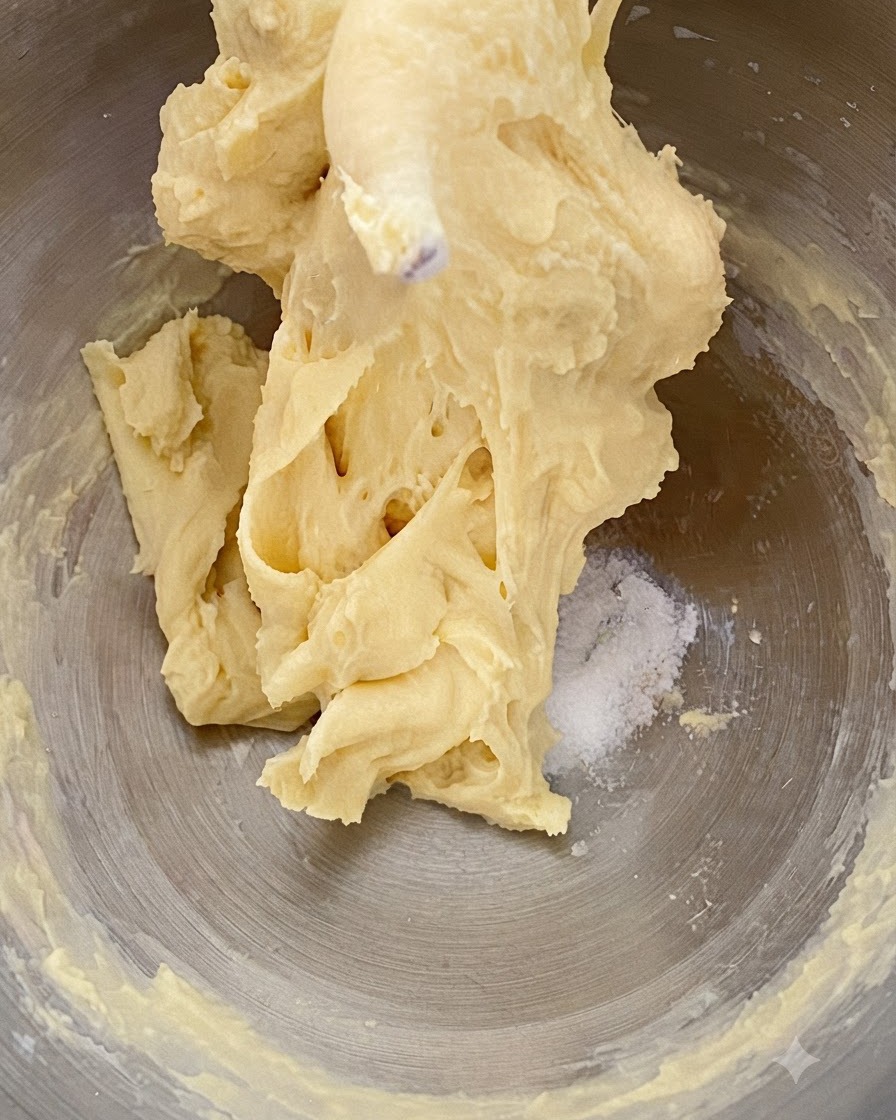 Butter and salt added into the bowl containing the mixed brioche dough.