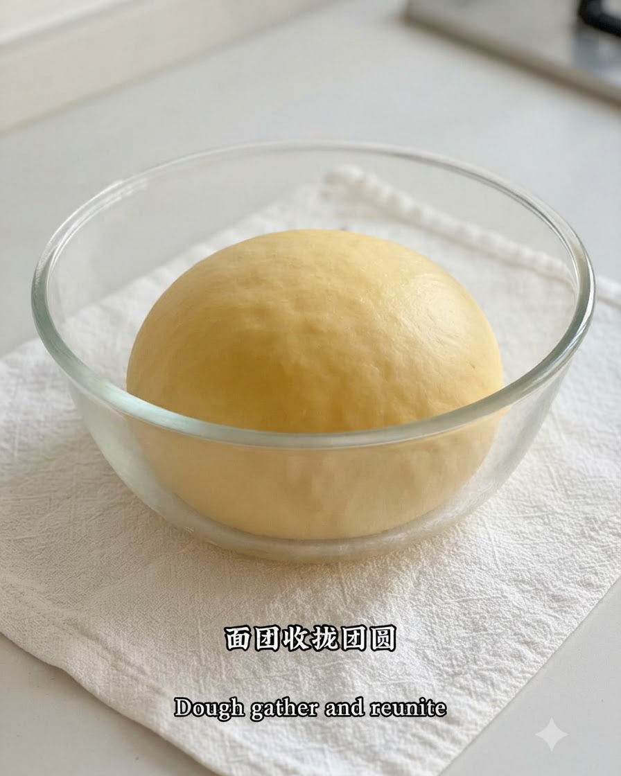 A smooth, rounded ball of brioche dough resting inside a clear glass bowl on a white cloth.