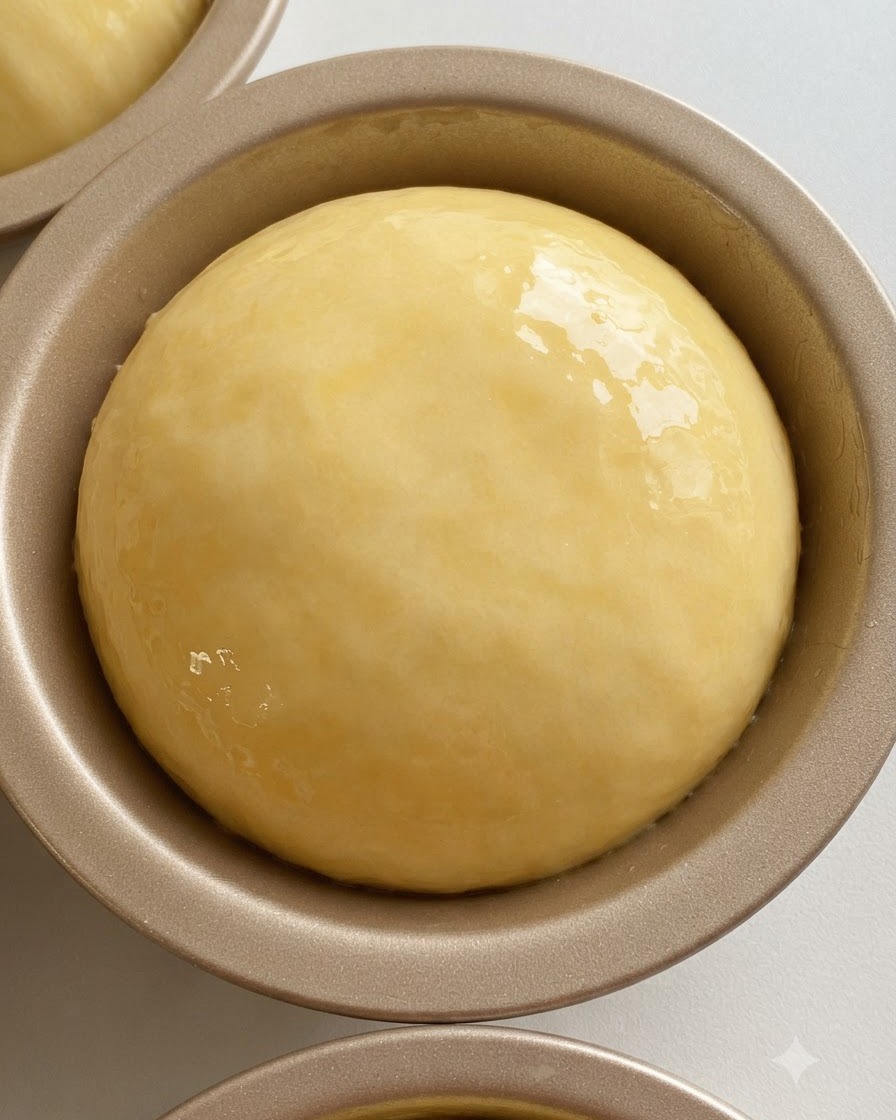 A smooth, rounded dough ball placed inside a greased round metal burger mold.