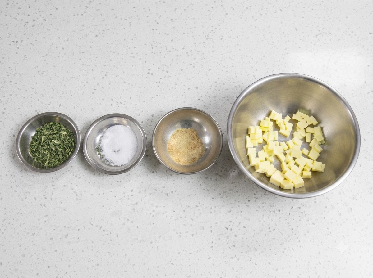 A metal bowl with butter cubes next to smaller bowls containing chopped parsley, salt, and minced garlic on a white countertop.