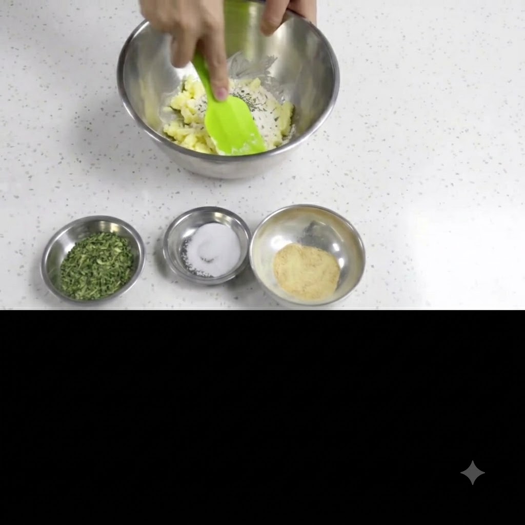 A hand using a green silicone spatula to stir and mash softened butter inside a metal mixing bowl.