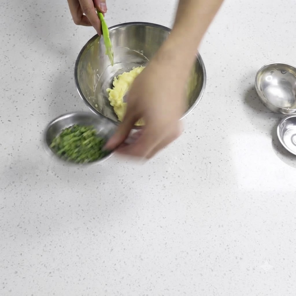 A hand adding chopped parsley from a small bowl into the mixing bowl containing softened butter.