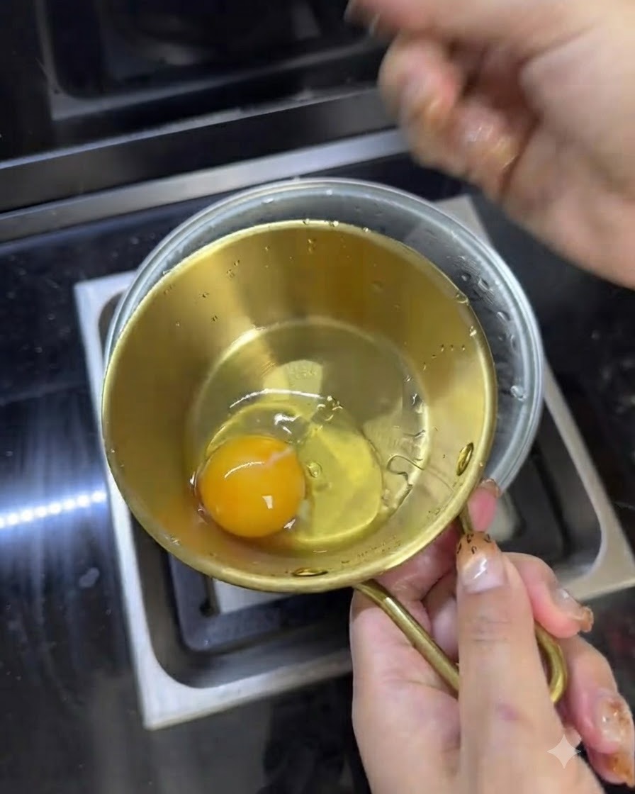 Two cracked eggs in a small golden bowl with a drizzle of red chili oil.