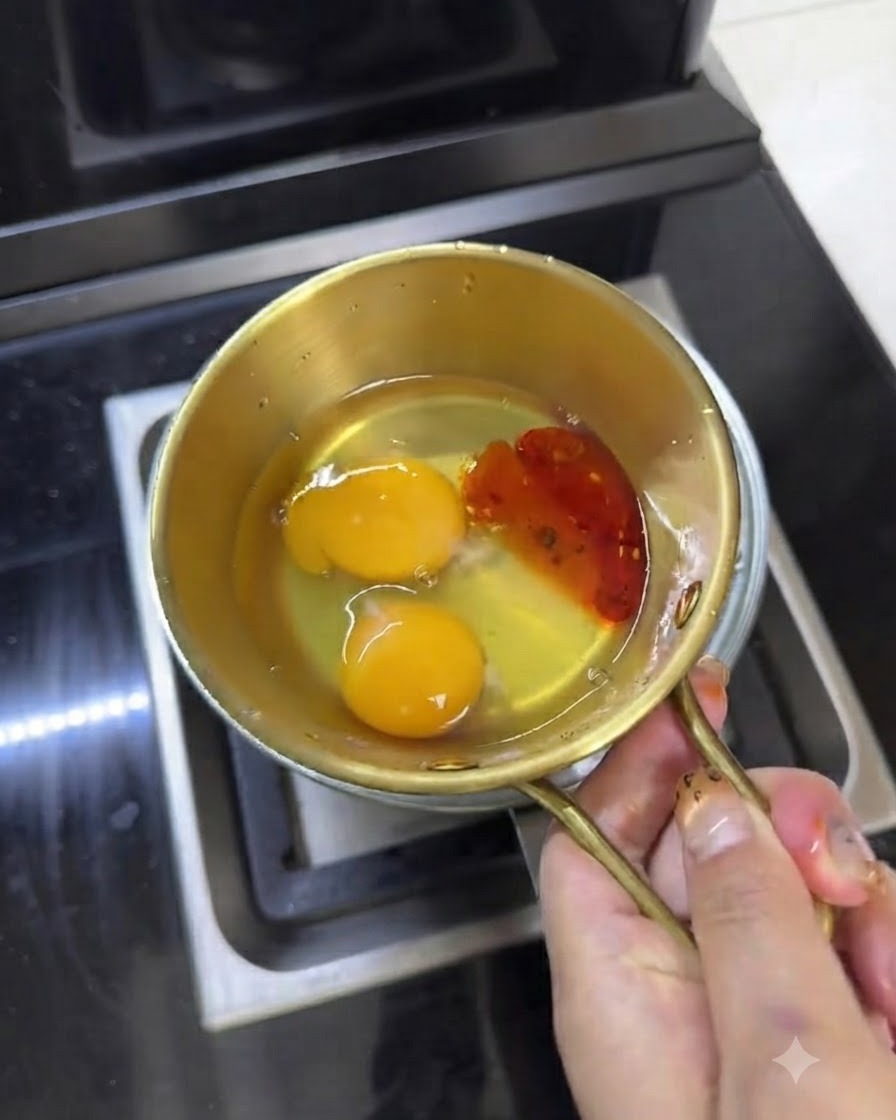 Chopsticks whisking eggs and chili oil together inside a small metal bowl.