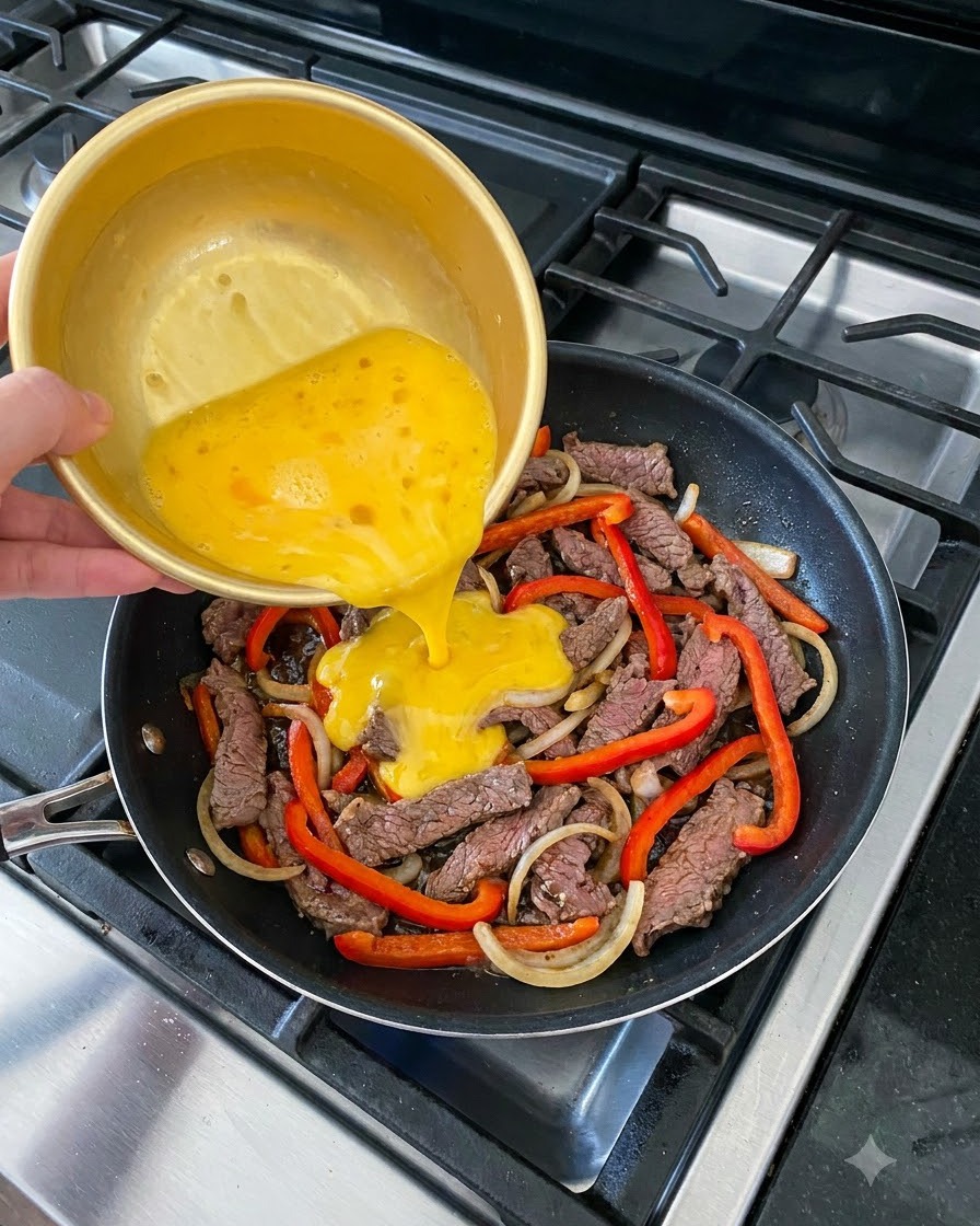 Beaten eggs being poured from a golden bowl into a frying pan filled with beef strips, onions, and red bell peppers.