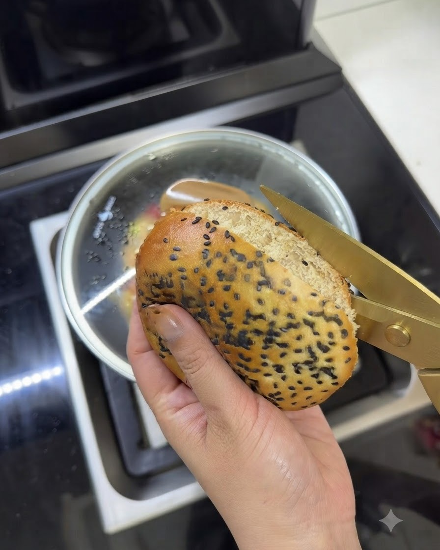 A warm butter burger bun being carefully sliced open with golden kitchen shears.