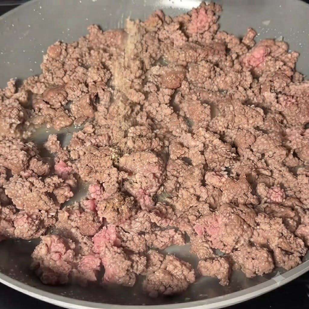 Spices and seasoning powder being dusted over brown ground beef in a skillet.