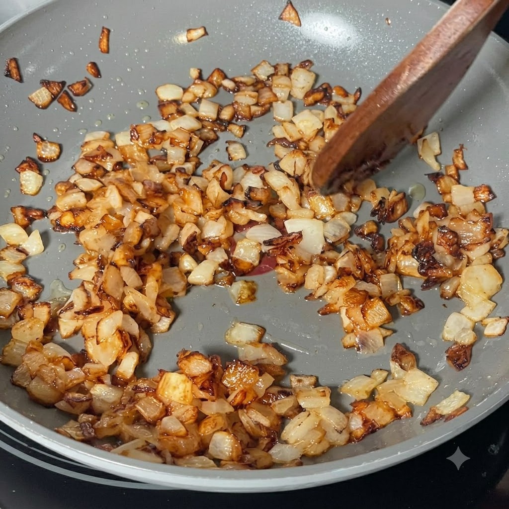 Diced onions cooking and turning golden brown in a frying pan being stirred with a wooden spoon.