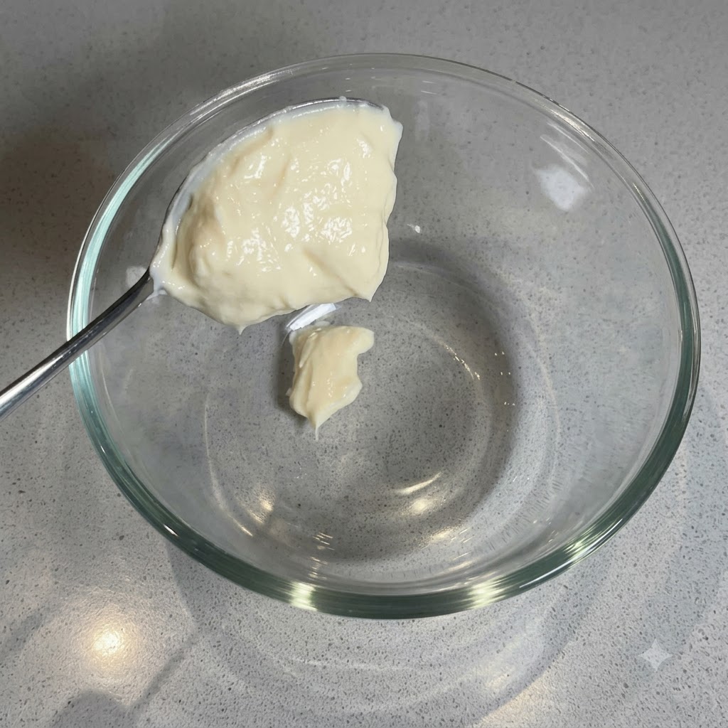 A spoonful of white creamy mayonnaise or Greek yogurt being added to an empty glass bowl.