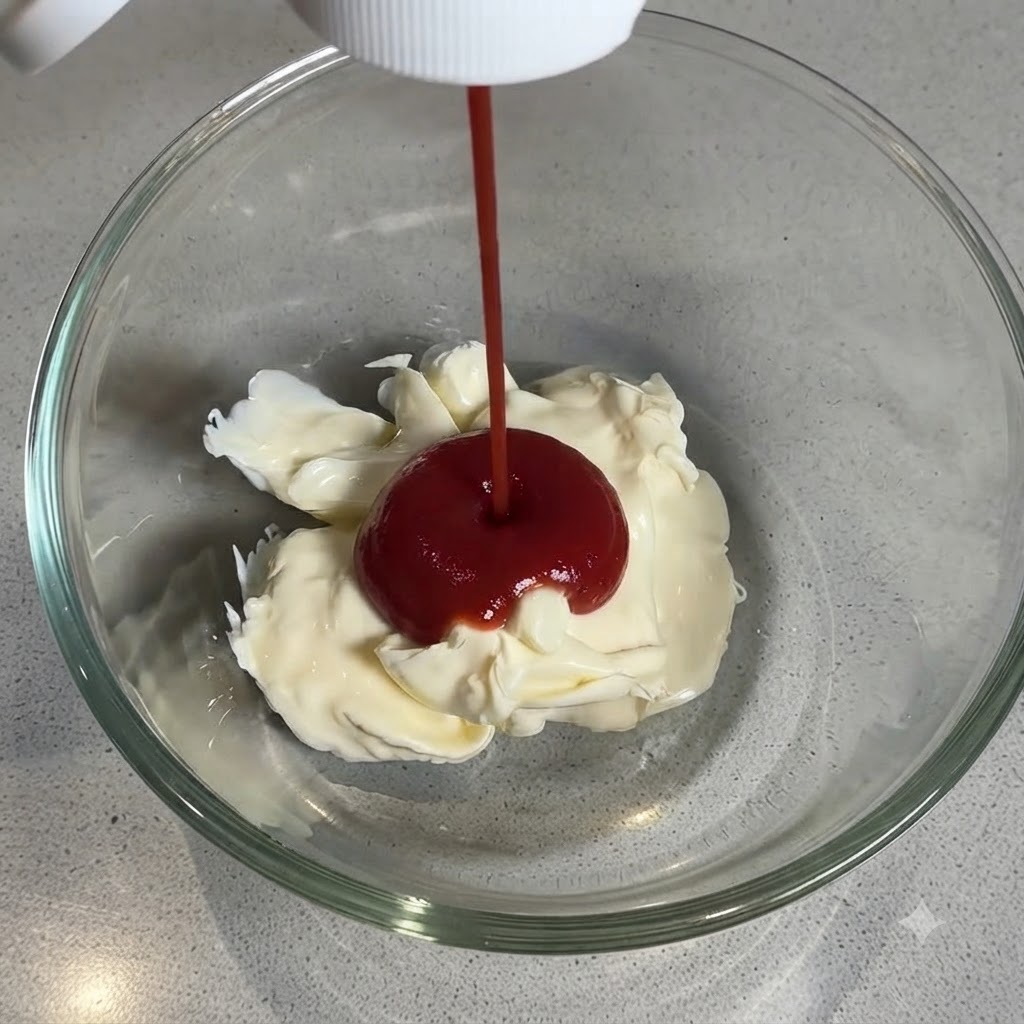A stream of red ketchup being poured into a white dollop of mayonnaise inside a clear glass bowl.