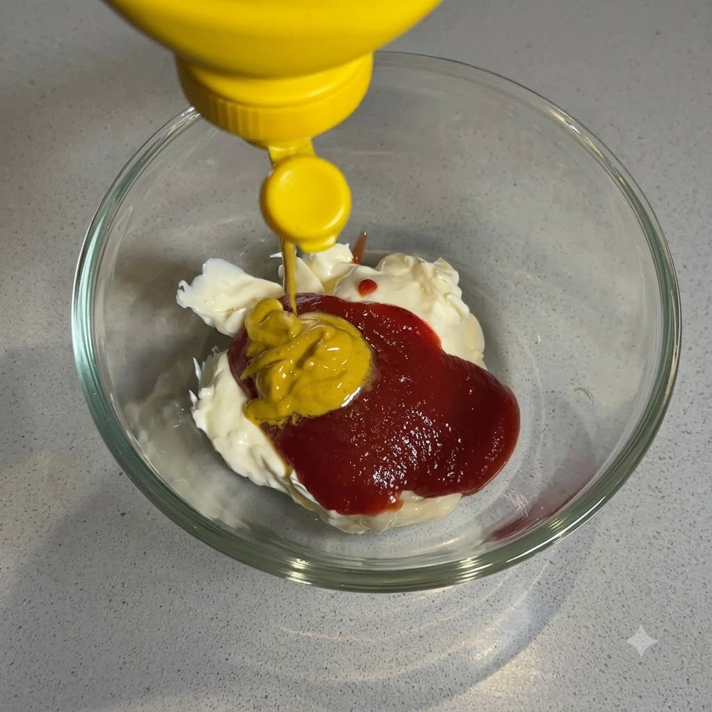 Yellow mustard being squeezed from a bottle onto the red ketchup and white mayonnaise in a glass bowl.