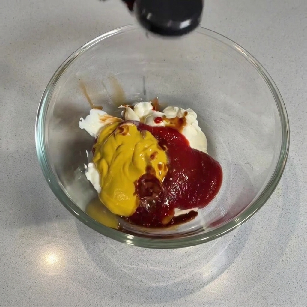 Dark Worcestershire sauce being dropped into the bowl containing mayonnaise, ketchup, and mustard.