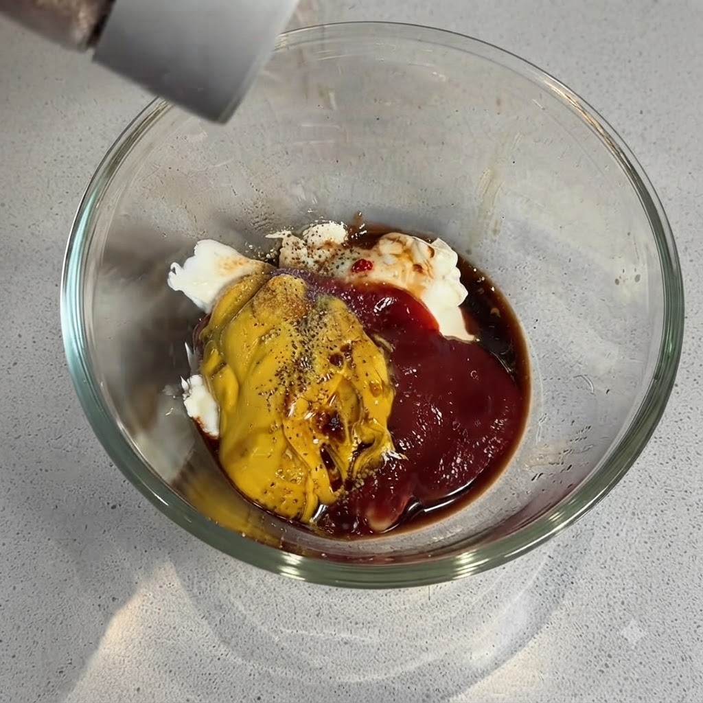 Ground black pepper being shaken from a container over the layered sauce ingredients in a glass bowl.