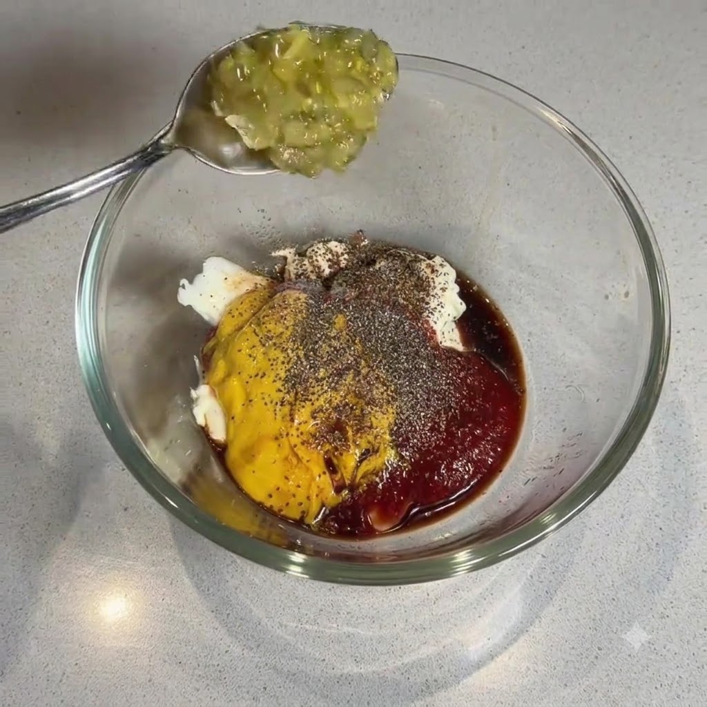 A spoonful of green pickle relish held over the glass bowl filled with the sauce base and spices.