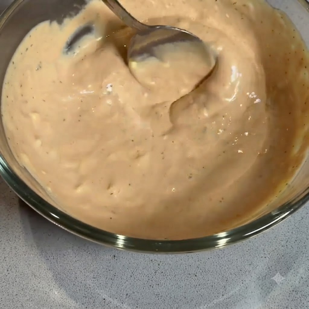 A spoon stirring a creamy, light orange burger sauce inside a clear glass bowl.