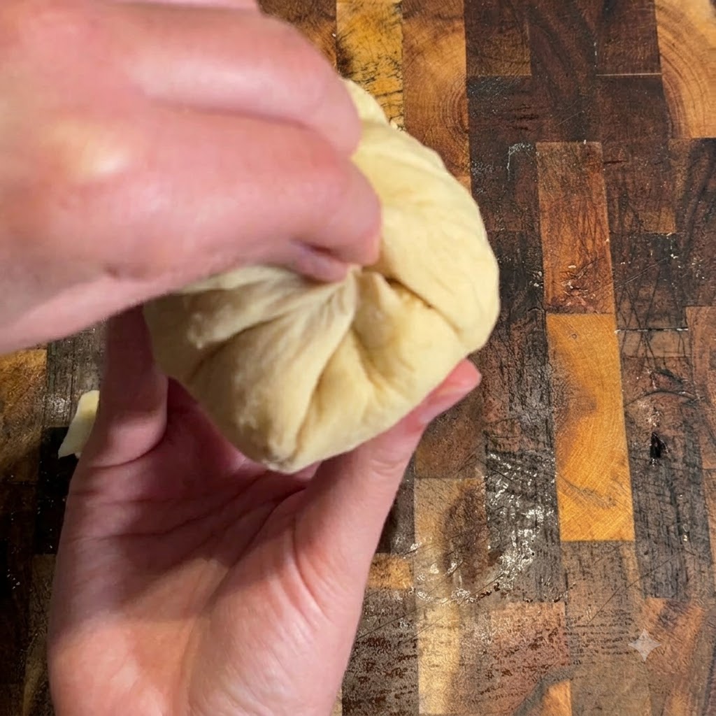 Hands gathering and pinching the edges of the dough to seal the cheeseburger bomb.