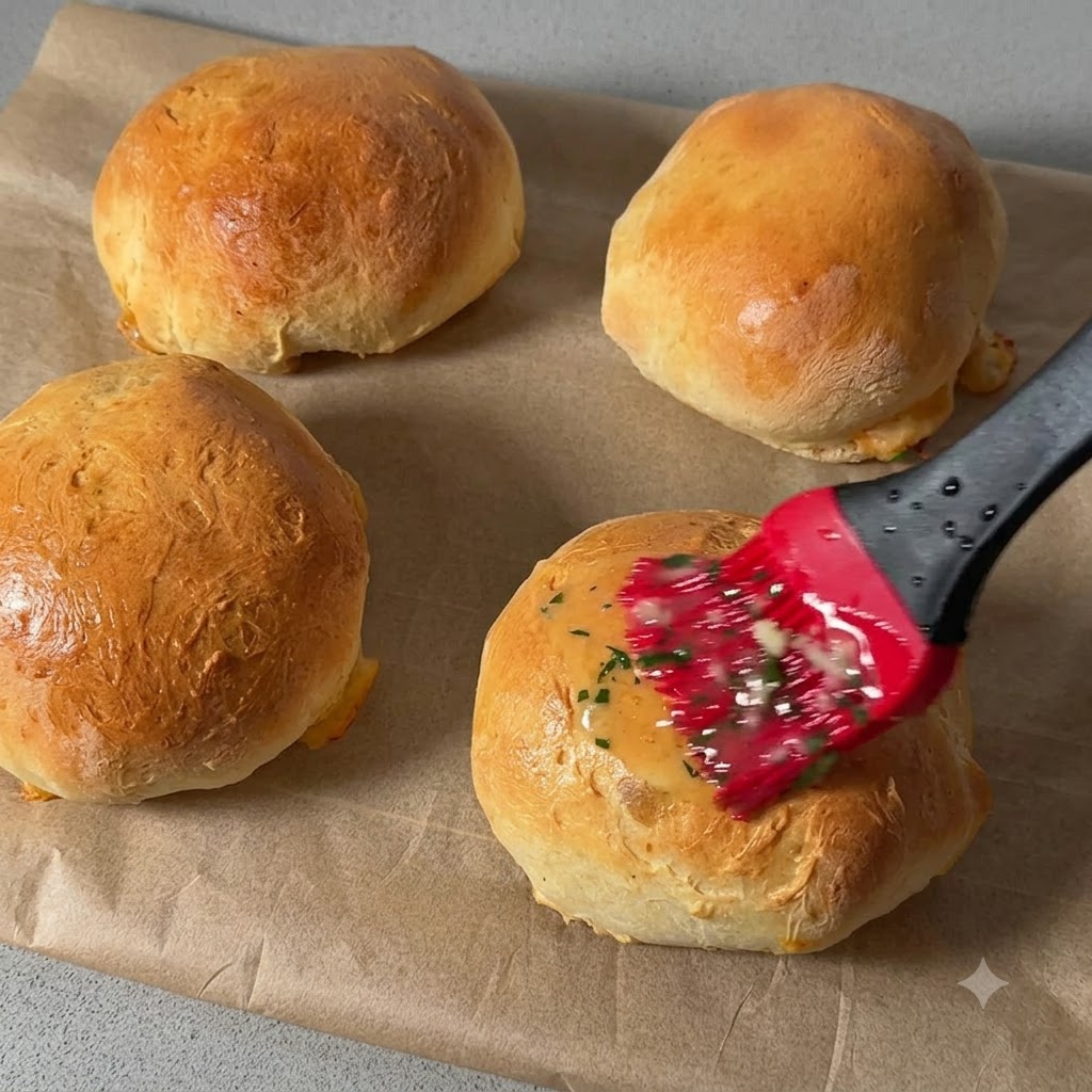 A red silicone brush spreading melted garlic butter and herbs evenly over the top of a golden baked bread roll.