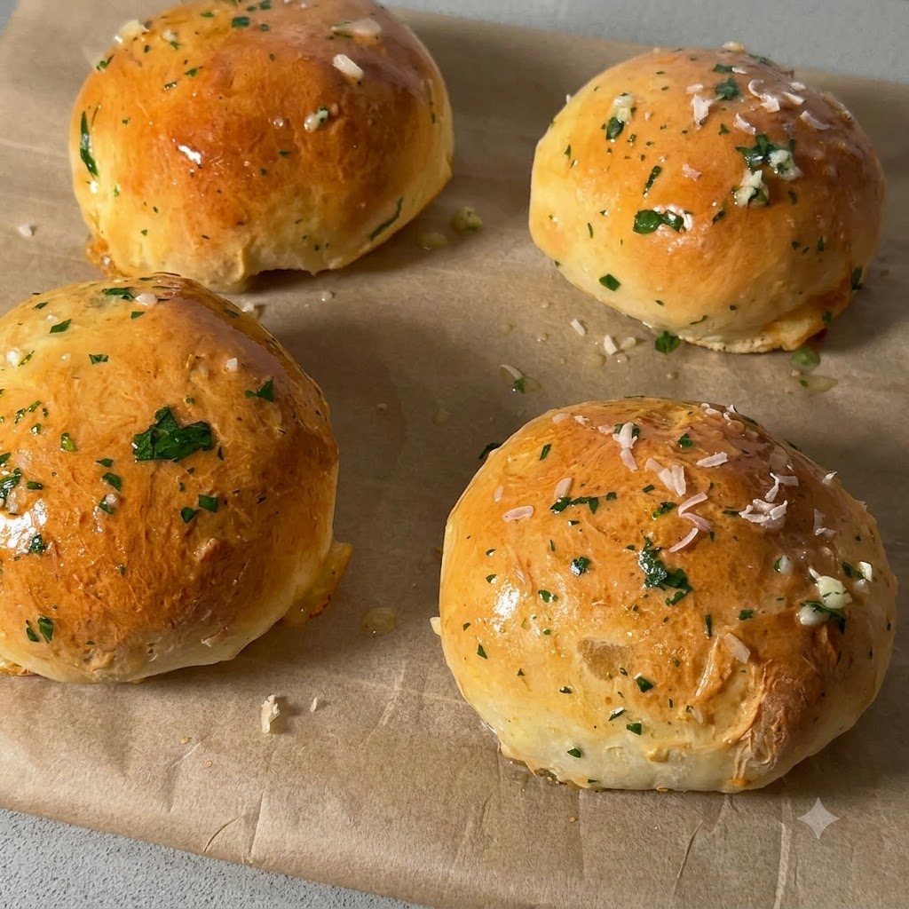 Freshly grated Parmesan cheese flakes and finely chopped green herbs scattered across the top of glazed golden bread rolls.
